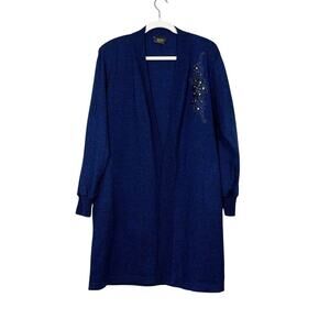 VINTAGE SAN MARCOS REY TURQUOISE‎ LONG SWEATER CARDIGAN SIZE XL FLORAL APPLIQUÉ